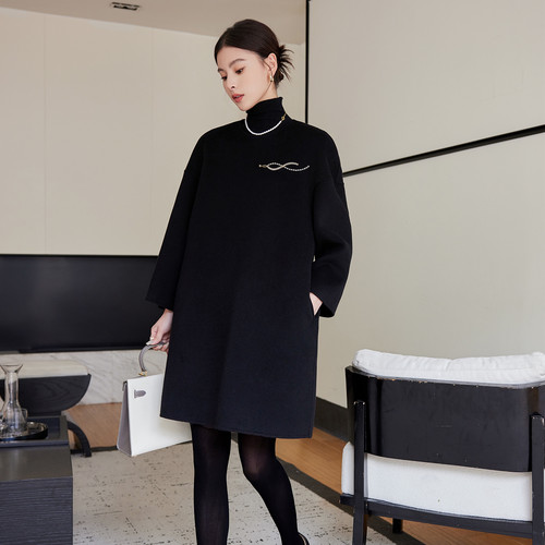 高端黑色连衣裙10%羊绒大衣女