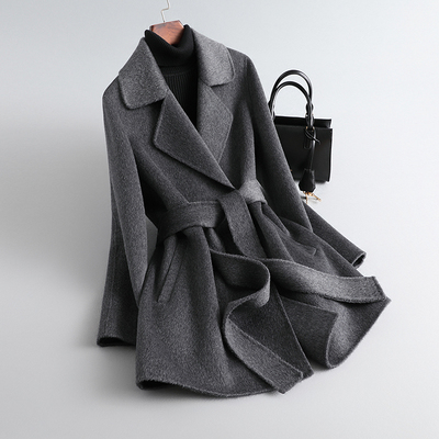 修身系带双面羊绒大衣中长款