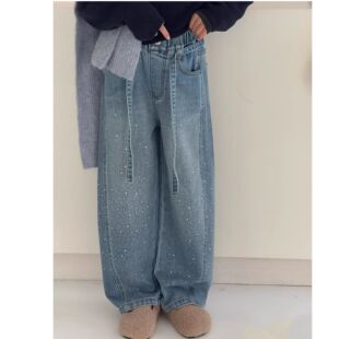女童满天星烫钻加绒牛仔裤冬季2026新款儿童超洋气保暖冬款直筒裤