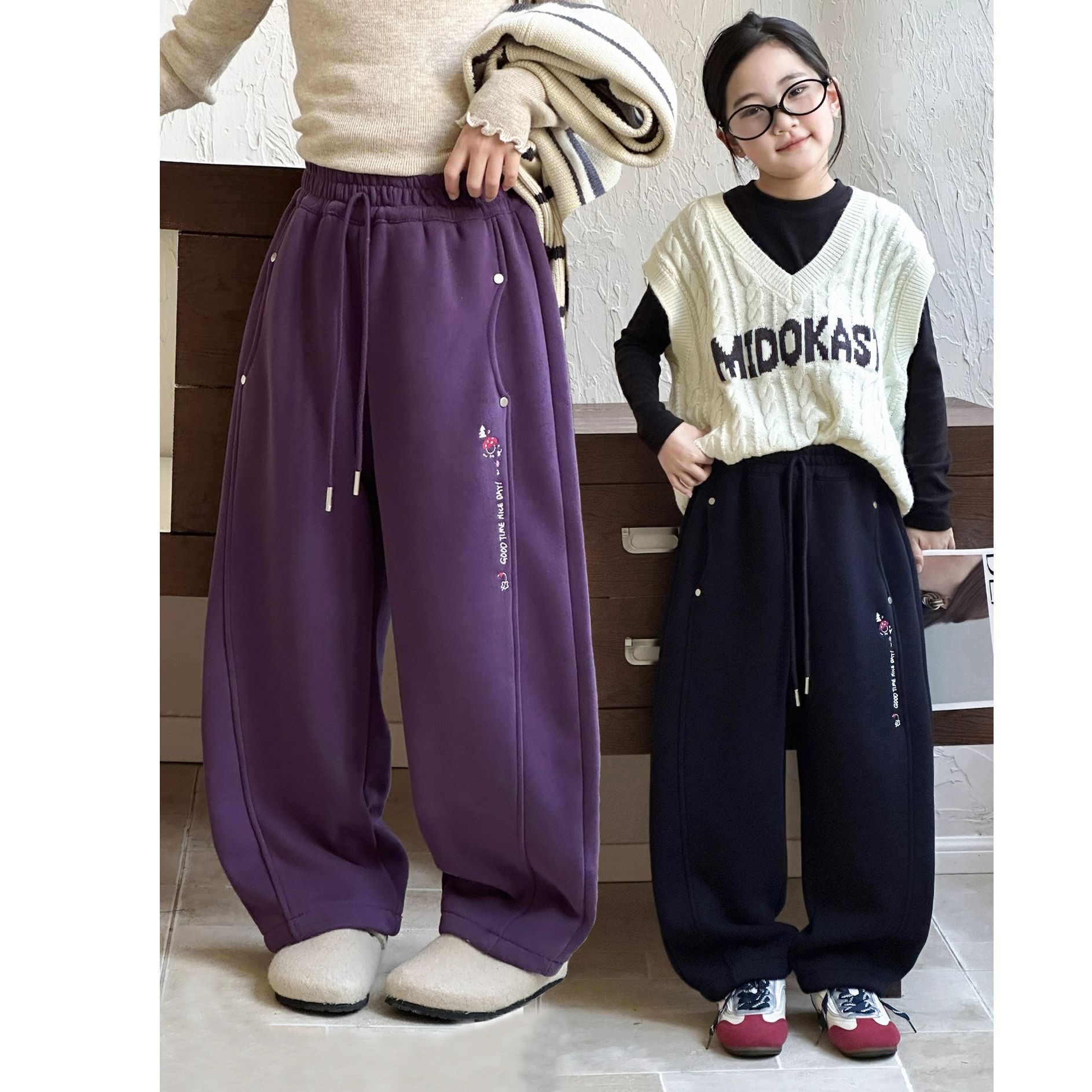 女童加绒卫裤秋冬2025新款加厚保暖裤子阔腿儿童休闲女宝宝运动裤