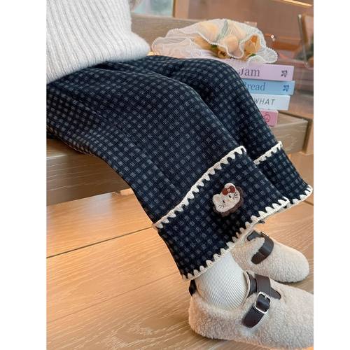 女童加绒裤子秋冬季儿童一体绒直筒裤2025新款女宝宝加厚格子长裤