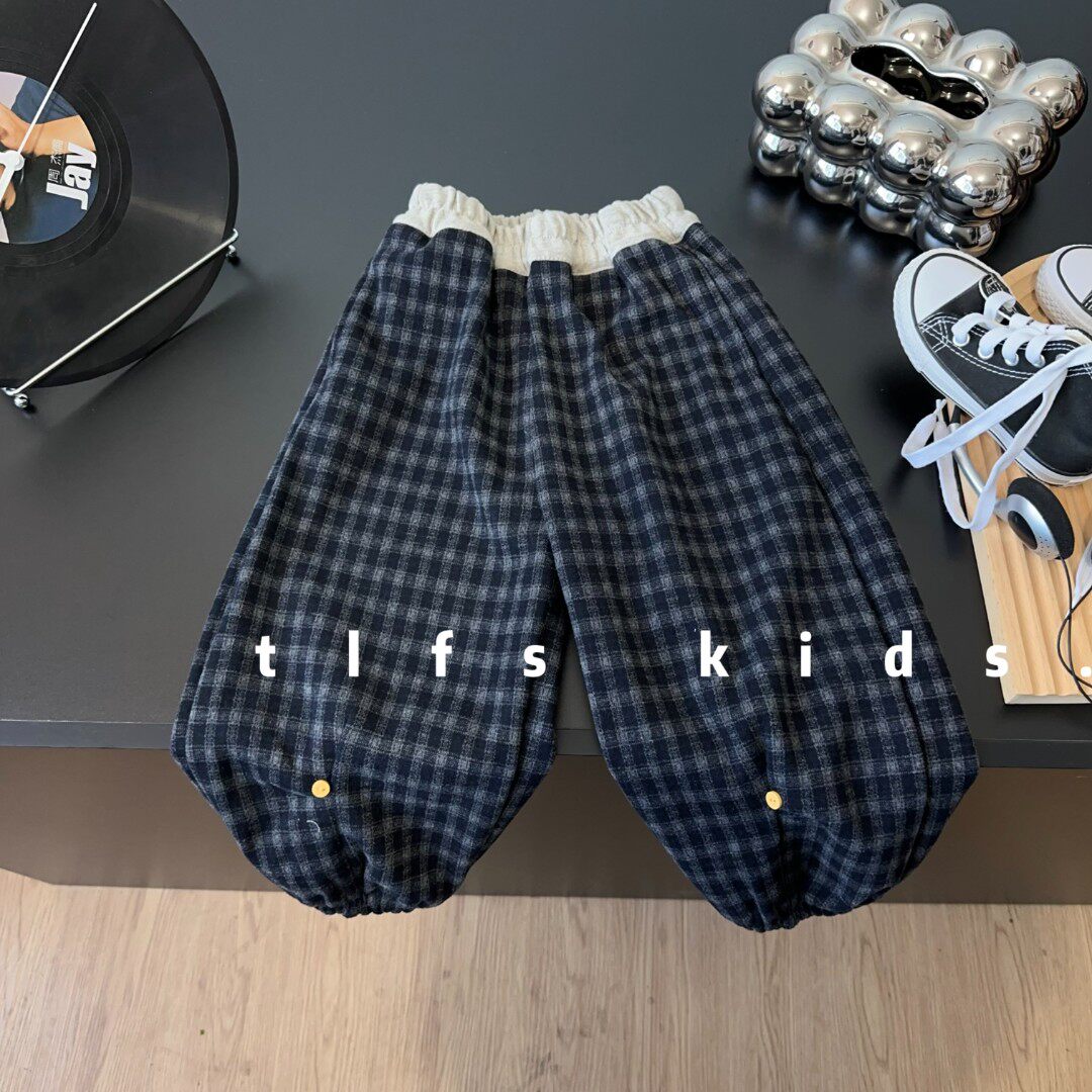儿童2025秋冬新款韩版纯色格子加绒裤男女童百搭休闲宽松长裤潮