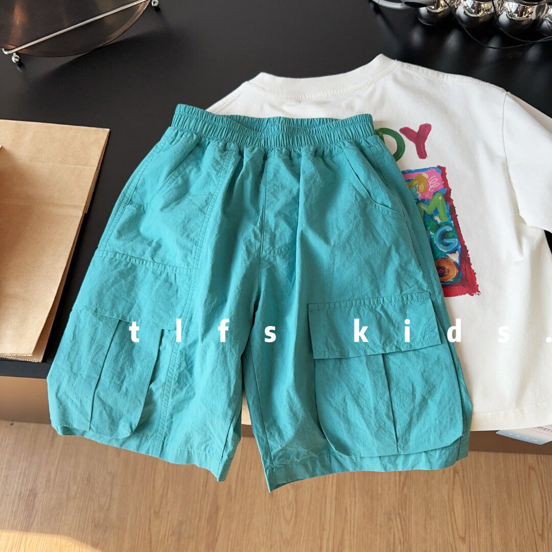 儿童夏季湖蓝工装五分松紧腰短裤