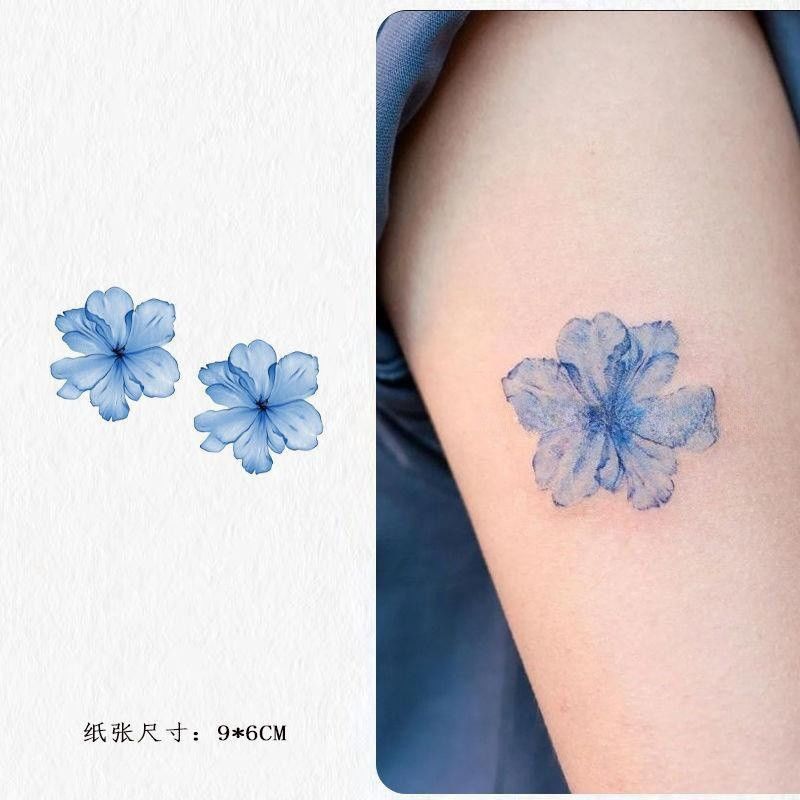 蓝色花朵彩色纹身贴手腕锁骨小图持久防水仿真刺青唯美一次性贴纸