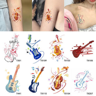 彩色手绘音乐节吉他纹身贴 个性 潮酷手臂高颜值甜酷辣妹音乐彩绘