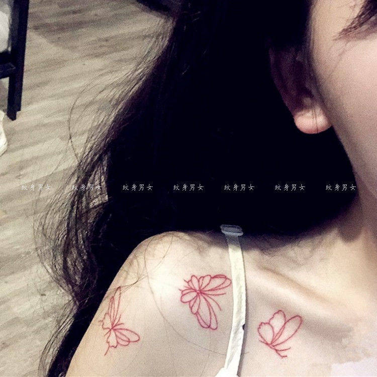 锁骨红色线条蝴蝶纹身贴性感防水女持久手臂网红仿真ins风少女