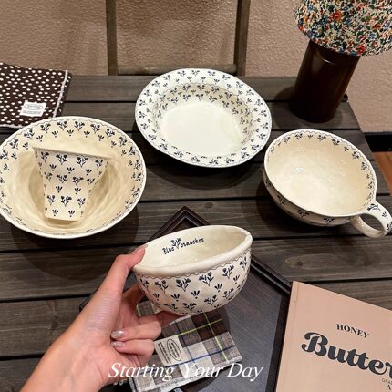 悦檬食器一枝枝动漫复古蓝花陶瓷餐具米饭碗家用菜盘意面沙拉盘