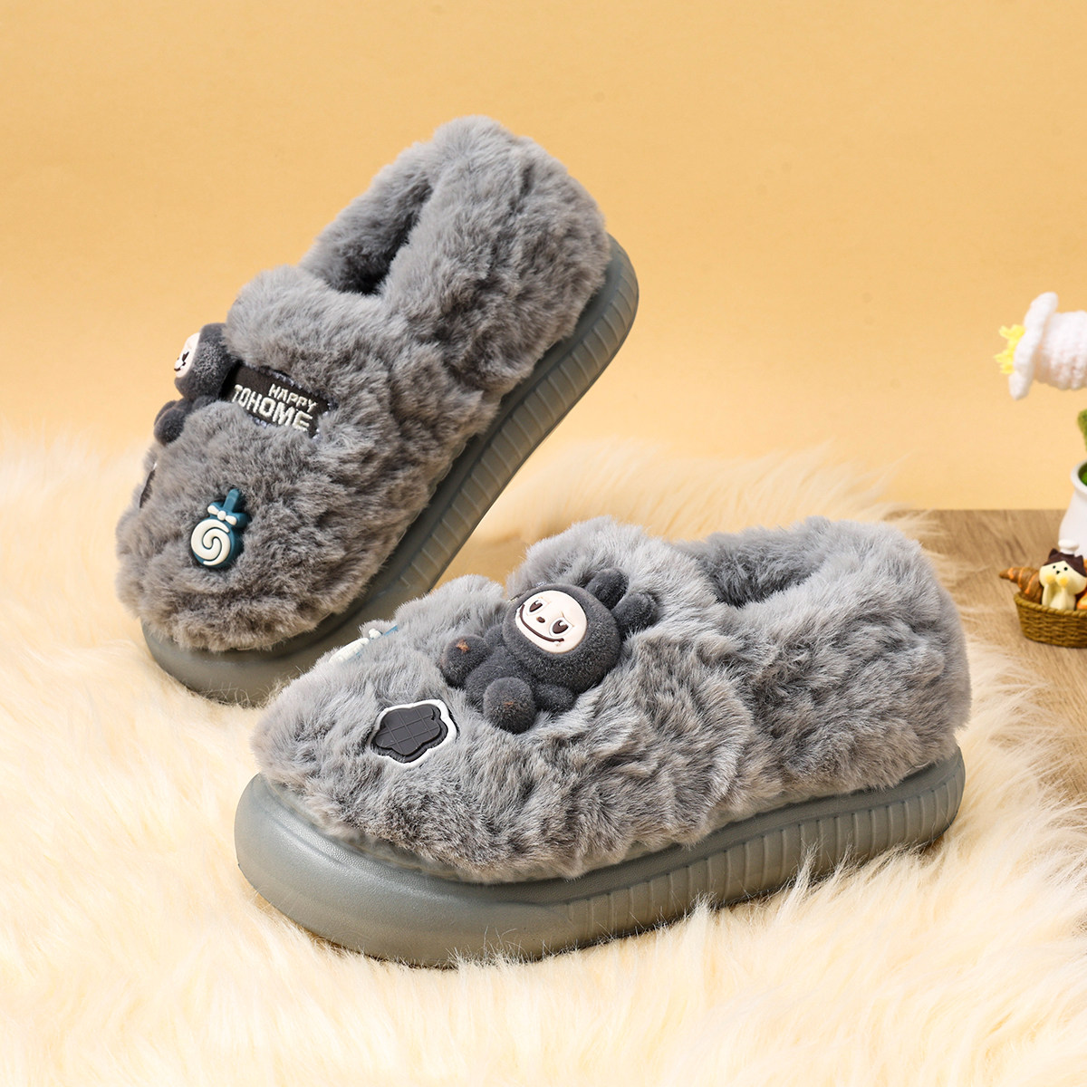 秋冬新款拉布布加绒儿童棉鞋女童室内家居防滑软底宝宝女孩棉拖鞋