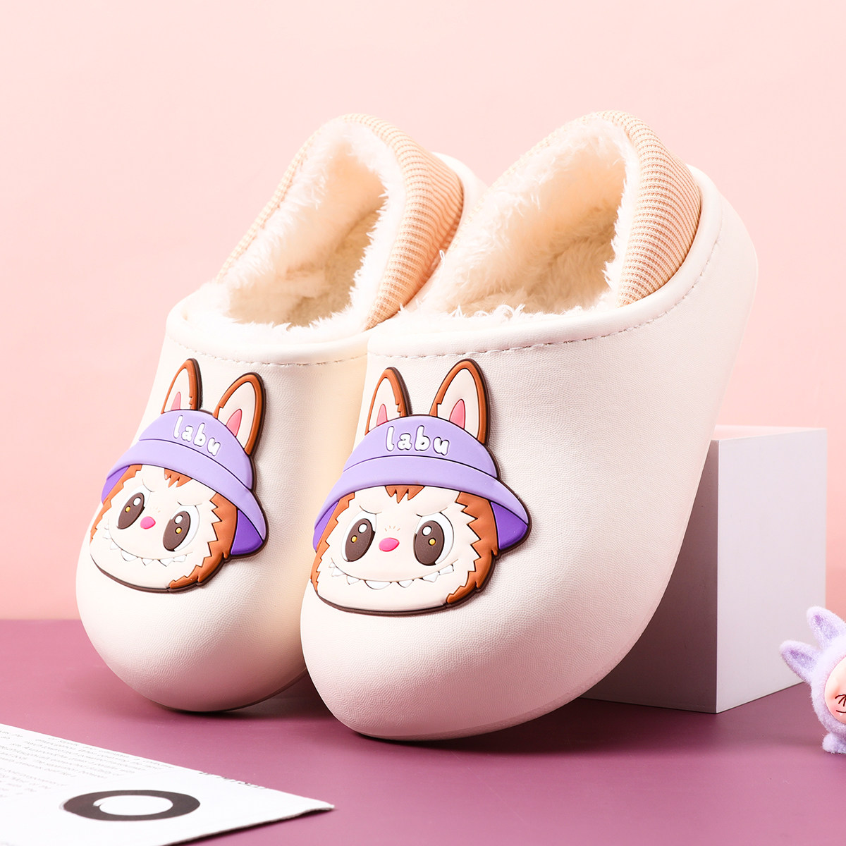 秋冬新款拉布布加绒儿童棉鞋男童室内家居防滑软底女孩宝宝棉拖鞋