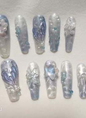 A13渐变海浪美人鱼海星晕染高端手工穿戴甲美甲蓝色大海的传说