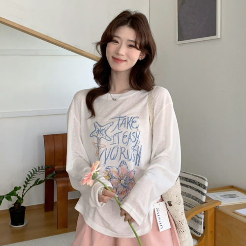SUSAN 夏季慵懒风松弛感花朵字母印花百搭圆领防晒长袖T恤女Si369