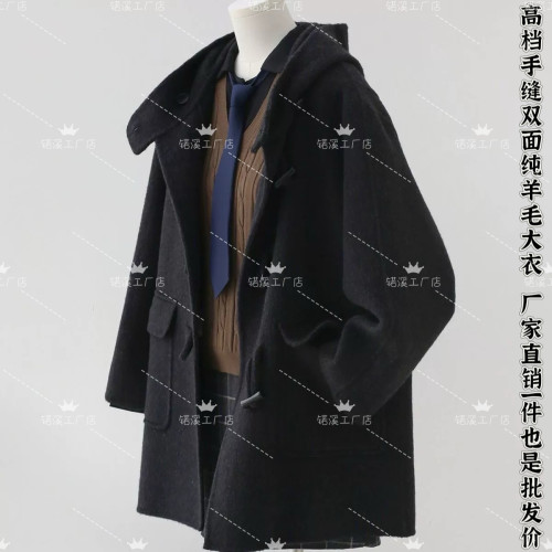 2025新款小个子牛角扣双面羊绒大衣连帽韩版学院手工羊毛外套冬季