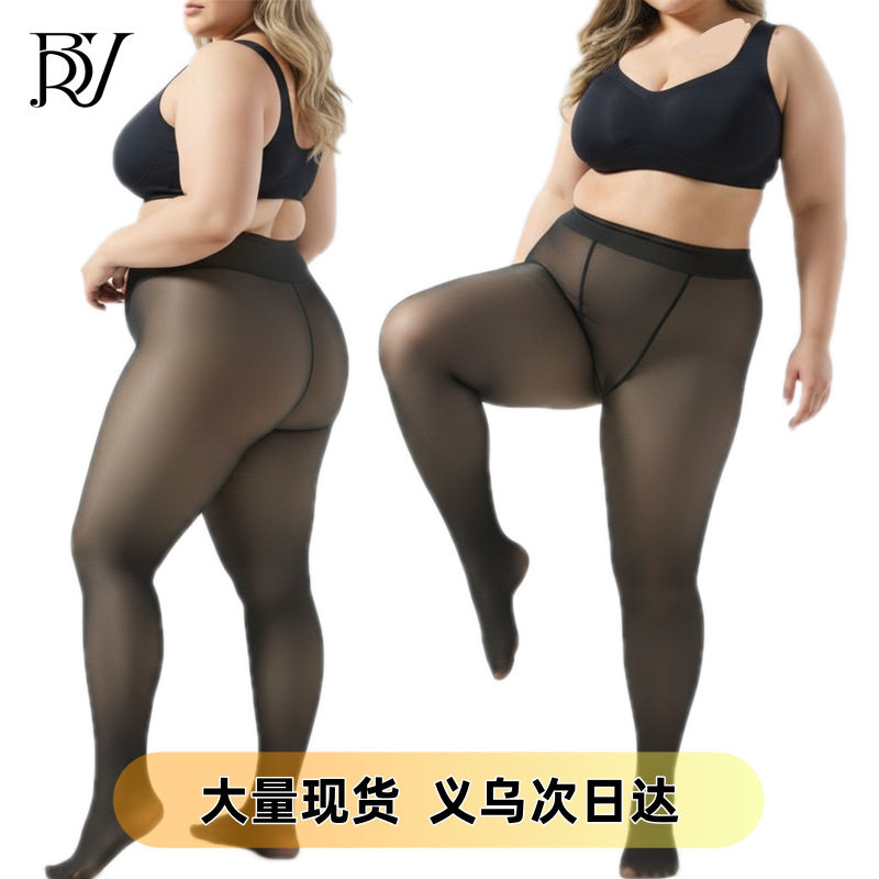 跨境大码假透肉打底裤光腿神器秋冬加绒加厚黑透肤连裤袜欧美丝袜
