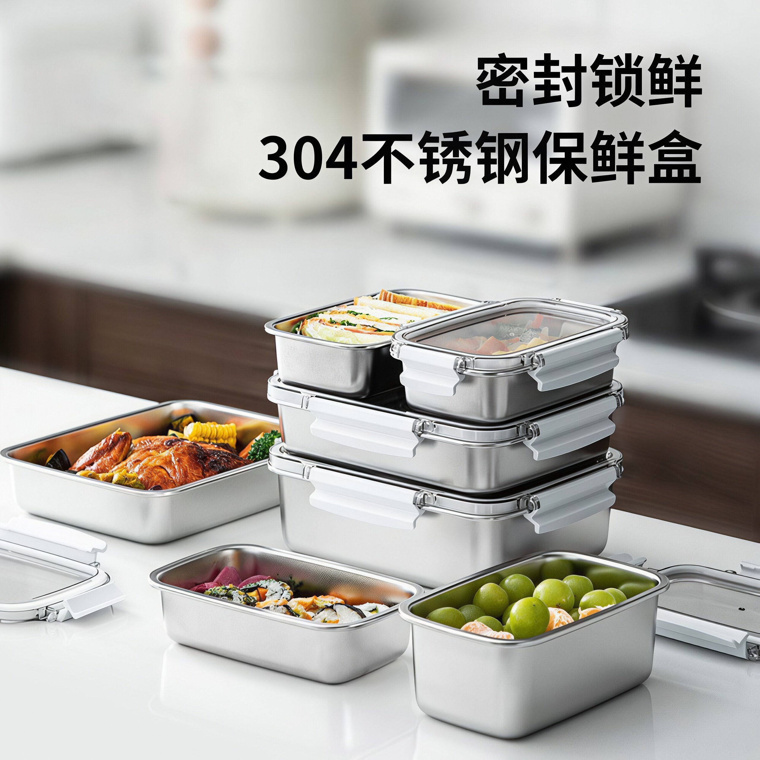 304不锈钢保鲜盒密封带盖可微波学生便携外出饭盒餐盒水果便当盒