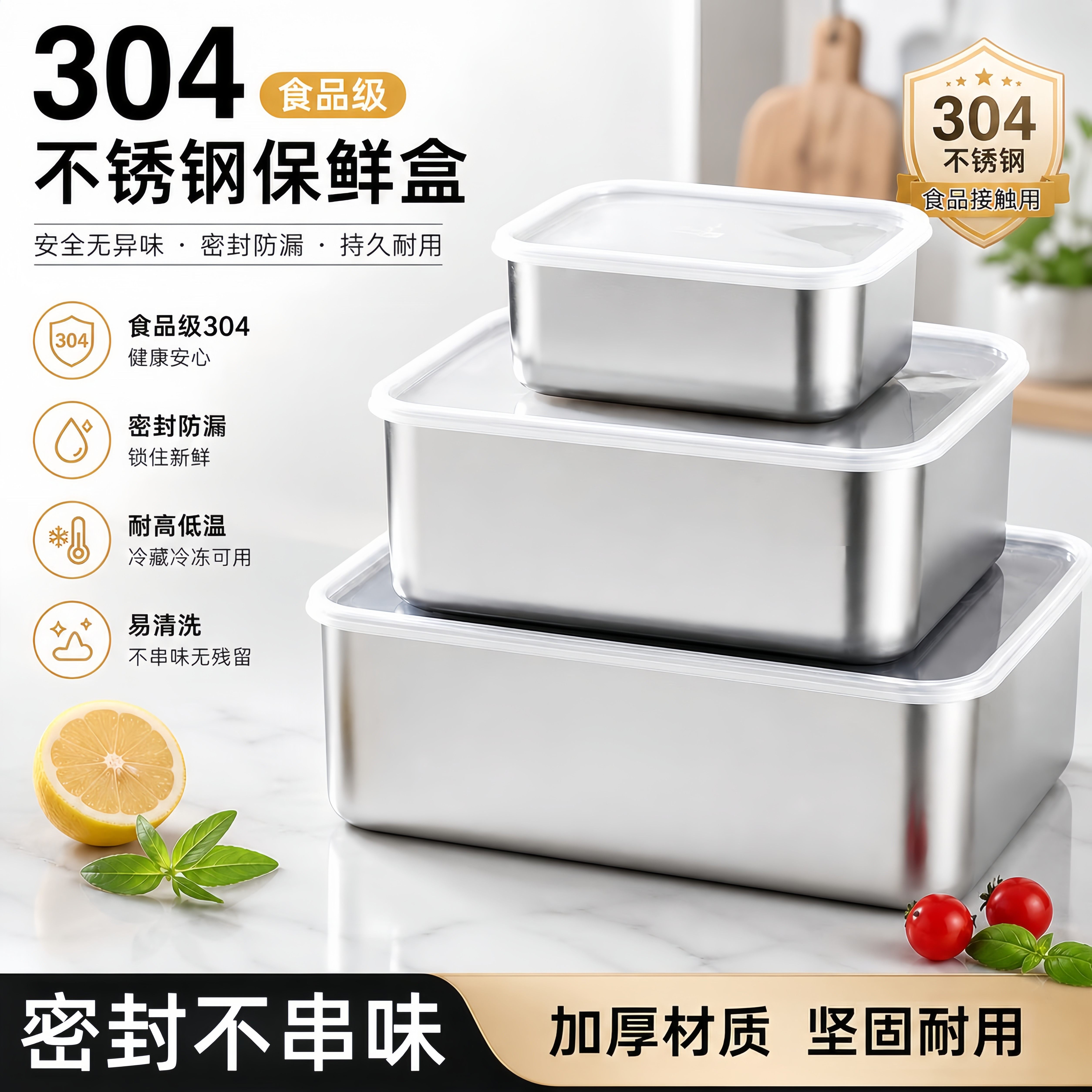 304不锈钢保鲜盒食品级饭盒冰箱冷冻密封盒饭店储物盒带盖餐盒子