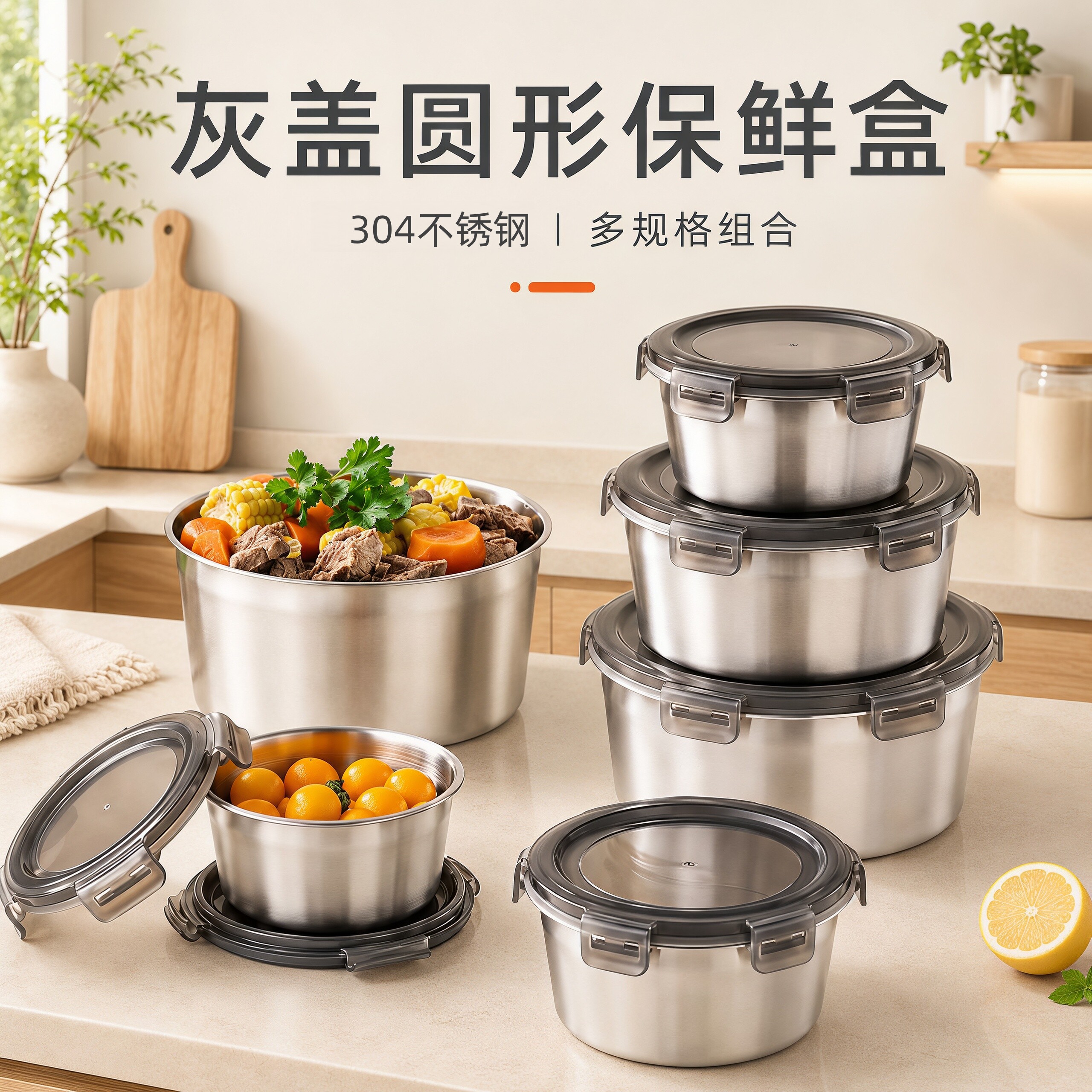 食品级304不锈钢保鲜盒水果便当盒冰箱冷冻圆形收纳盒打包密封盒