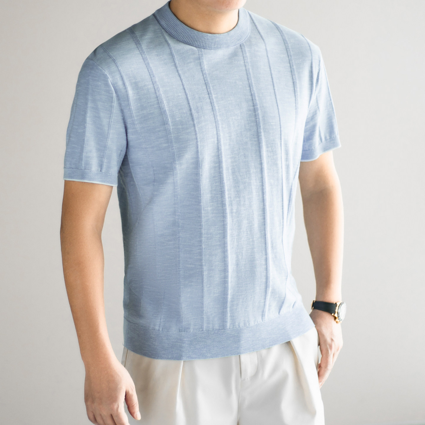 奢感夏日 松弛格调夏季男士桑蚕丝针织短袖T恤衫老钱风针织短袖男