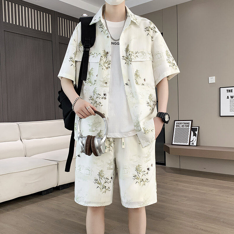 2025新款短袖衬衫套装青少年休闲时尚短裤男士衬衣夏季套装俩件套