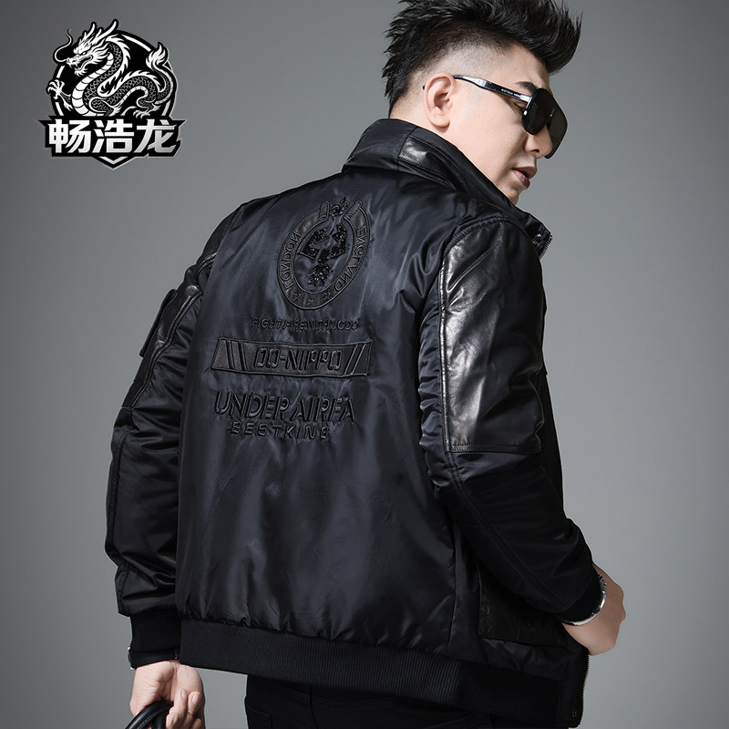 欧货冬季高端潮牌拼接真皮绵羊皮羽绒服男士2026新款冬装外套上衣