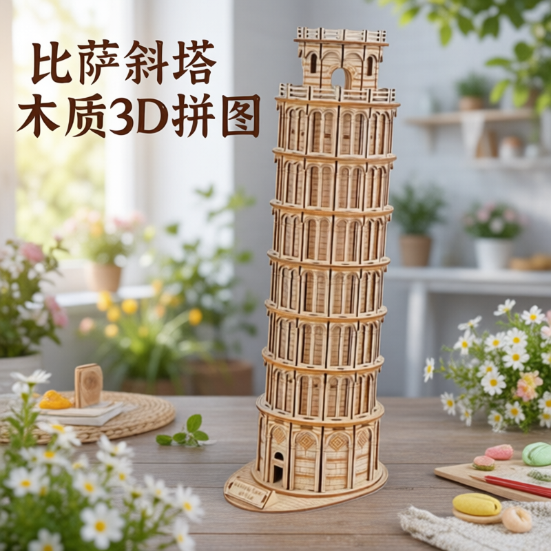 比萨斜塔木质拼图DIY立体建筑模型手工玩具Leaning Tower of Pisa