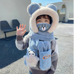 儿童帽子冬季男孩护耳帽小孩帽子围巾手套一体毛绒帽卡通保暖帽潮