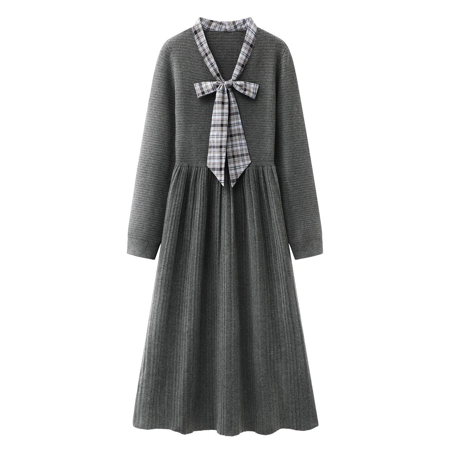 阔系~格子蝴蝶结miu系穿搭连衣裙长裙2025秋冬新款灰色针织毛衣裙