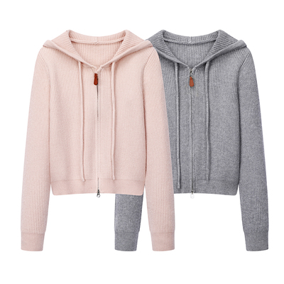 彩系~减龄百搭双拉链连帽针织开衫毛衣女2025秋季新款小个子外套