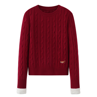 长袖 艾系 气质红色绞花圆领针织衫 时尚 花边套头毛衣 2025秋冬新款