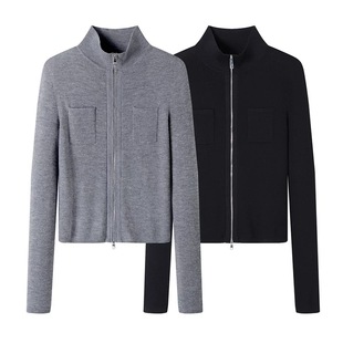 时尚 新款 休闲立领修身 女2025秋季 弹力毛衣 显瘦双拉链针织衫 艾系