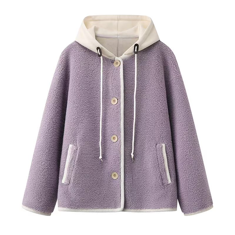 谷系~2025秋季新款宽松仿皮毛一体紫色羊羔绒拼色连帽保暖外套女
