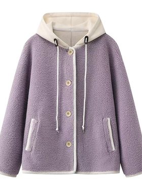 谷系~2025秋季新款宽松仿皮毛一体紫色羊羔绒拼色连帽保暖外套女