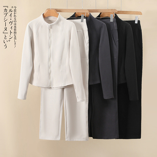 休闲阔腿裤 外套 女 2025秋冬小蛮腰立领开衫 灰色卫衣休闲运动套装