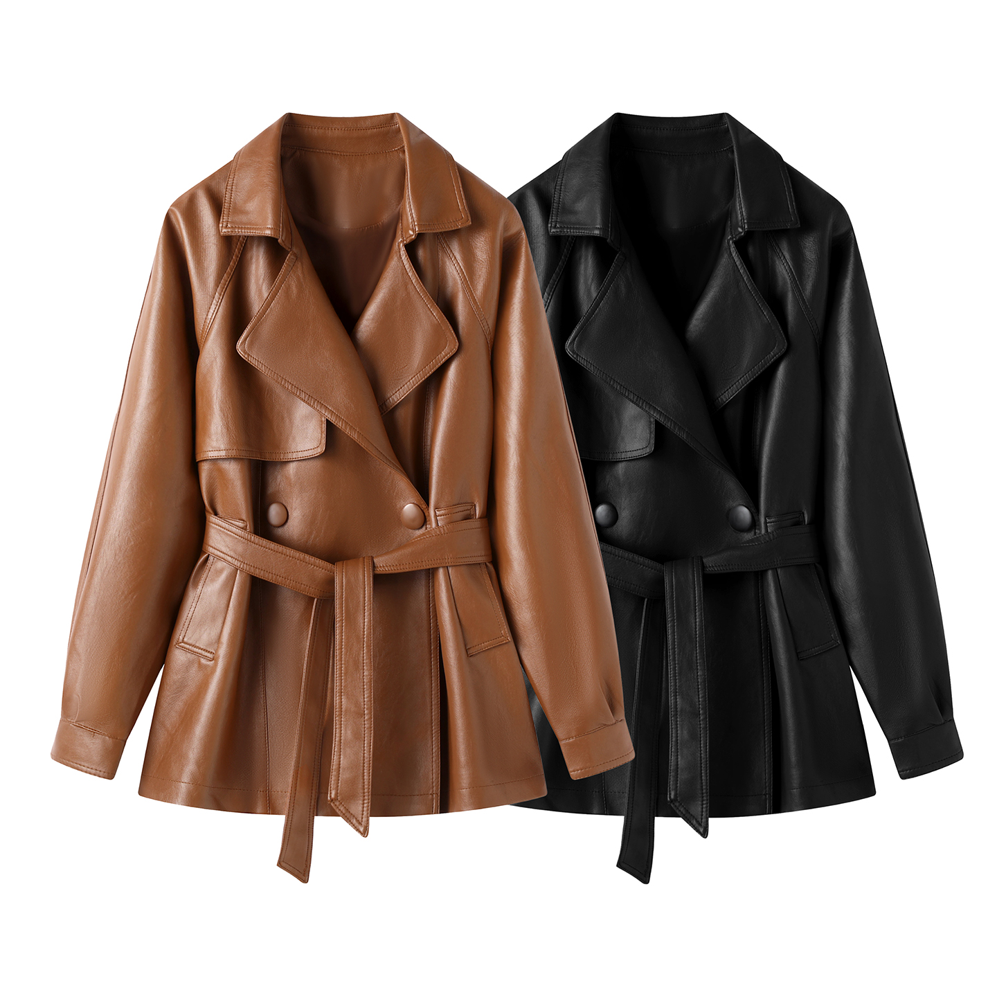 韩版气质百搭简约PU皮衣系带收腰外套女2025秋季新款通勤宽松上衣