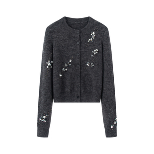 针织开衫 艾系 手工钉珠亮片短款 新款 软糯休闲高级感毛衣2026春季