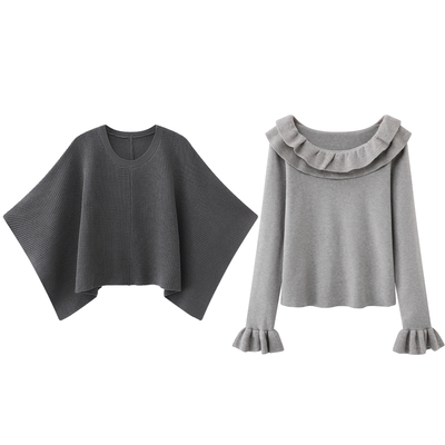 阔系~2025秋冬新款时尚减龄圆领披肩斗篷荷叶边长袖针织衫两件套