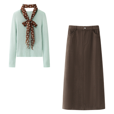 气质小众系带围巾针织开衫女2025秋季新款中长款后开叉灯芯绒半裙