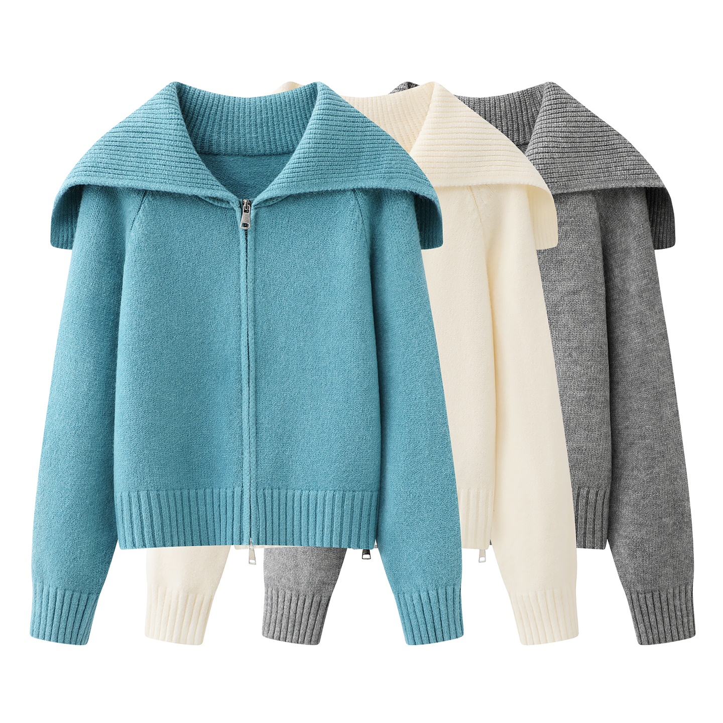 灰色海军领针织开衫女2025秋款新款宽松保暖慵懒风休闲双拉链毛衣