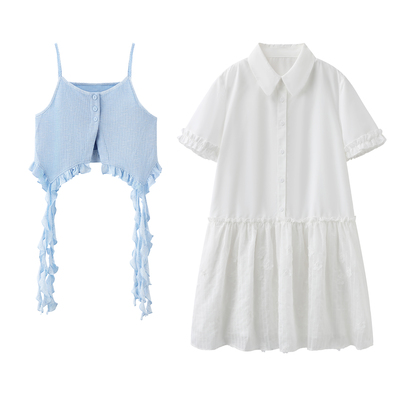 阔系~2026夏季新款白色衬衫式短袖连衣裙碎花吊带炸街两件套裙子