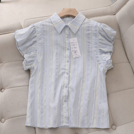温柔风蓝色条纹短袖衬衫女2024夏季新款小众设计感泡泡袖休闲上衣