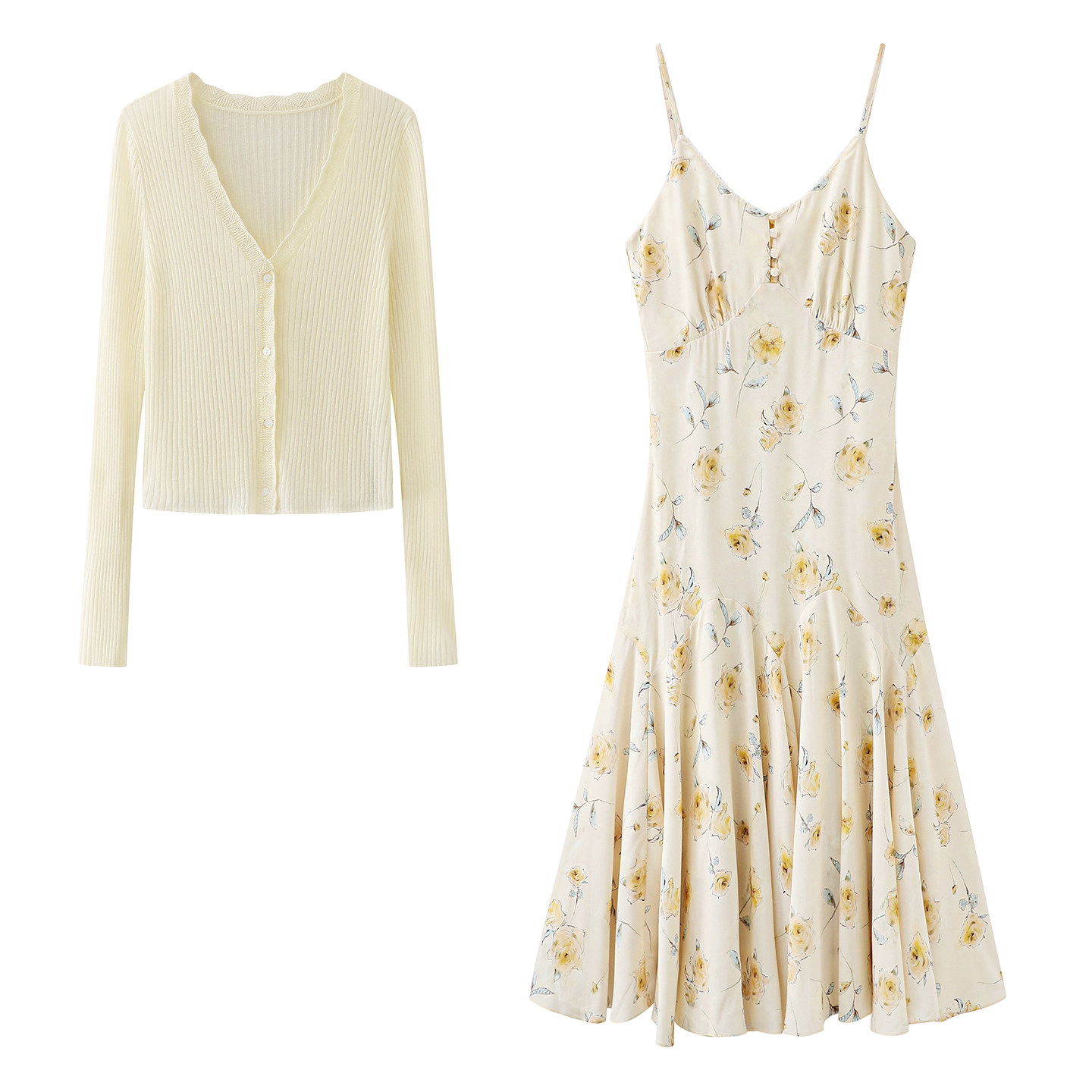 影系~2026春季新款减龄百搭轻薄V领针织开衫碎花吊带连衣裙两件套