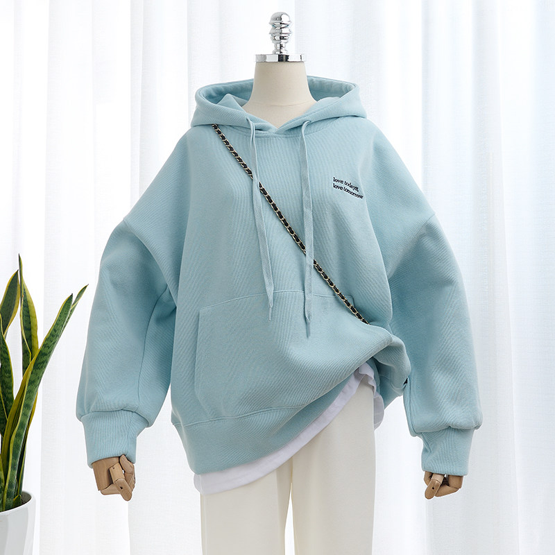 2022年秋季韩版新款宽松简约百搭字母刺绣假两件螺纹棉连帽卫衣女