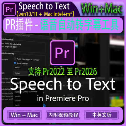PR语音转文本字幕PR2026 25 24 23 22语言包自动字幕一键生成字幕