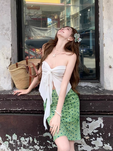 海岛度假泡温泉泳装 泰式 小众高级感抹胸分体比基尼三件套绝美裙式