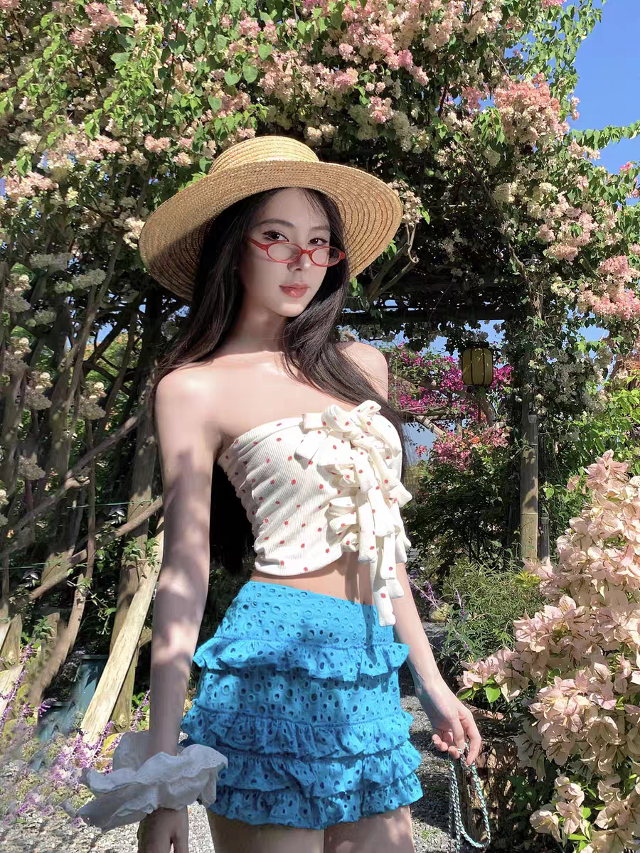 泳衣女款夏日多巴胺绝美分体比基尼性感抹胸镂空蛋糕裙度假泡温泉