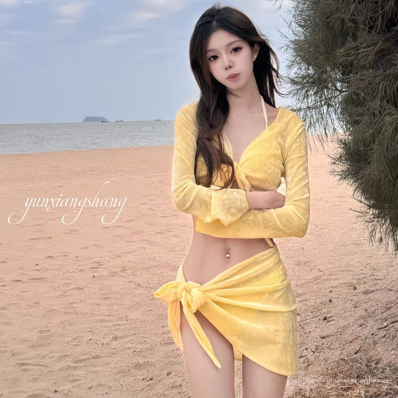 泳衣女2025新款分体比基尼四件套长袖防晒海边度假温泉高级感泳装