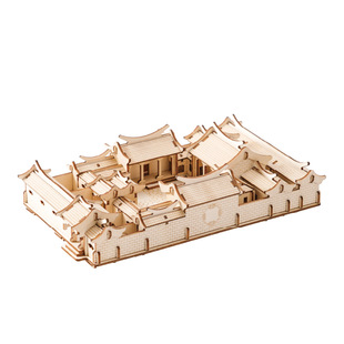 木色四合院四合院榫卯积木木质拼图3D立体拼装中国古建筑模型老
