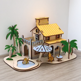 木质小房子儿童孩子别墅海滨小筑3d立体拼图手工制作拼装房屋模型