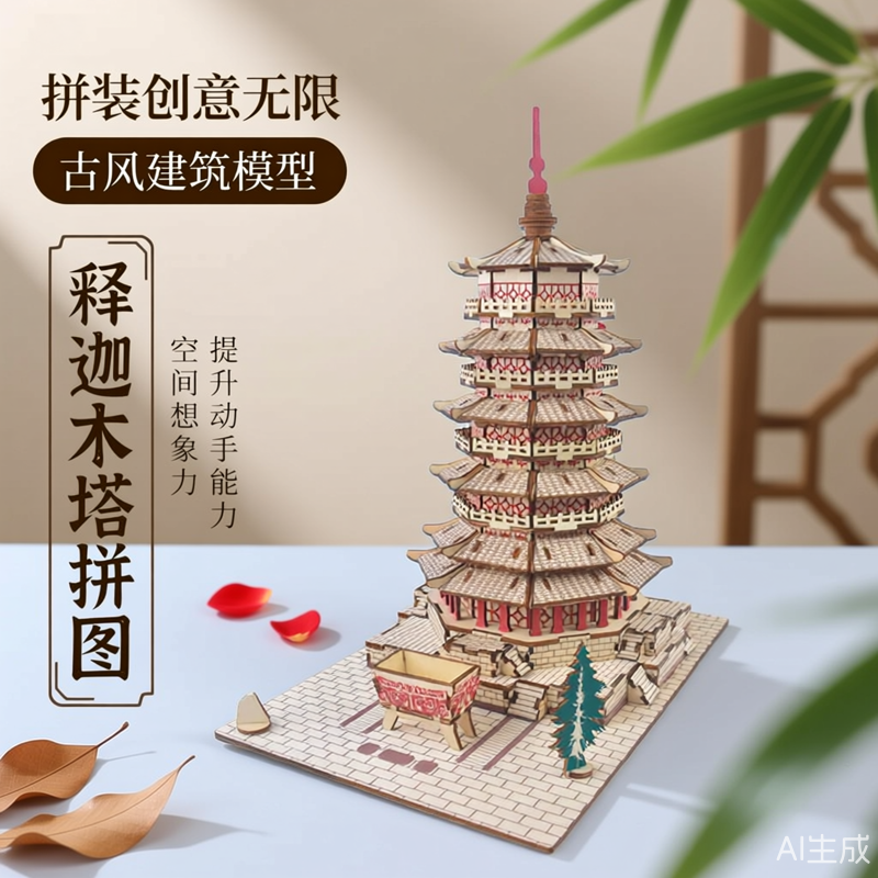 山西释迦木塔立体拼装应县佛宫寺 木质制拼图拼板DIY建筑模型玩具