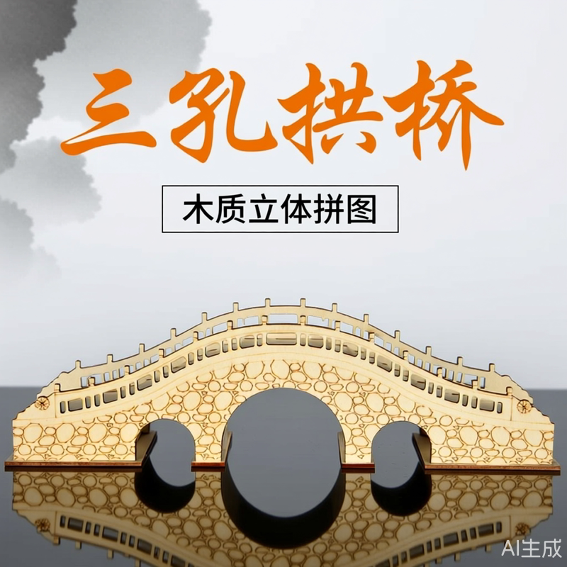 三孔拱桥伦敦塔桥3d立体模型建筑儿童拼图木质木制减压拼装双子桥