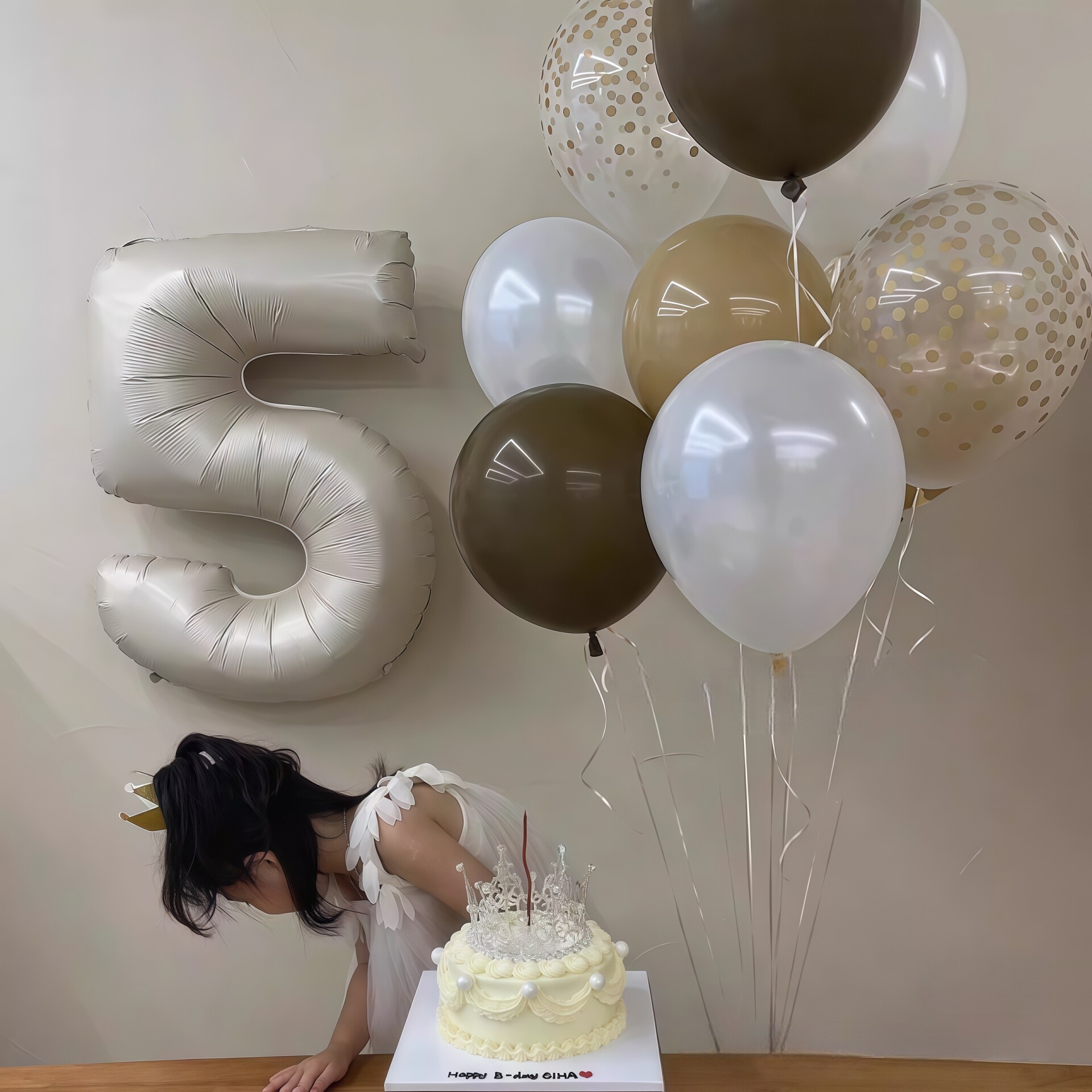 奶油色进口数字铝膜球棕色波点韩风乳胶球飘空气球束生日派对装扮
